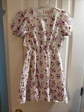 BCBGirls White Puff-Sleeve Floral Dress with Purple & Green Print